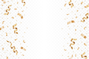 Luxury gold confetti flying isolated on a transparent background. Falling golden ribbon for carnival, New Year, birthday and festival design. Shiny confetti on white backdrop. Vector illustration