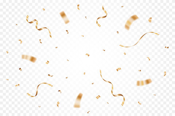 Gold confetti isolated on a transparent background. Falling golden ribbon for carnival, New Year, birthday and festival design. Confetti explosion on white backdrop. Vector illustration