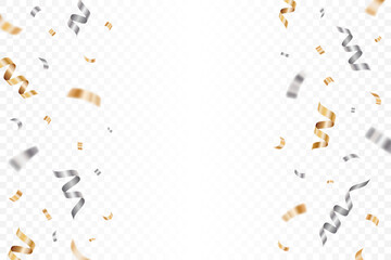 Luxury gold and silver confetti flying isolated on a transparent background. Falling golden ribbon for carnival, New Year, birthday and festival. Shiny confetti on white backdrop. Vector illustration