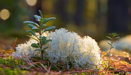 White Reindeer Lichen Growing In Forest Floor With Small Plant