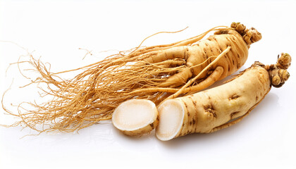 Korean Ginseng And Ginseng Root Ginseng Or Panax Ginseng Isolated On White Background With Clipping Path