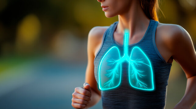 Woman running with glowing healthy lungs.