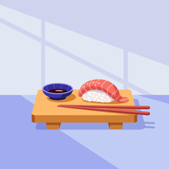 A beautifully arranged sushi platter featuring sliced salmon and a small bowl of soy sauce, creating an appetizing and visually appealing culinary scene.