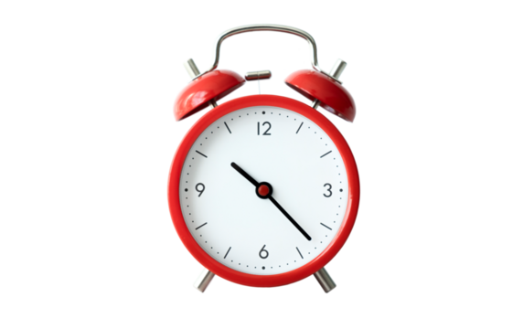 The classic red alarm clock is highlighted on a transparent background