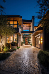 Fototapeta premium Luxurious home exterior at twilight, showcasing elegant architecture and inviting landscaping.