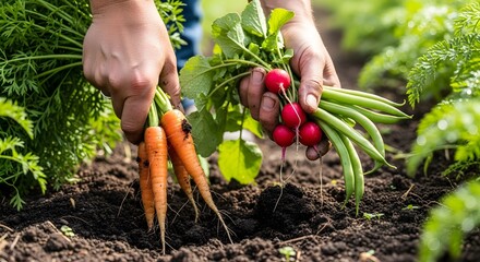 A close-up of fresh vegetables being harvested