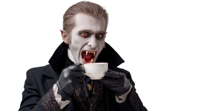 Vampire drinking coffee, transparent background. - Powered by Adobe