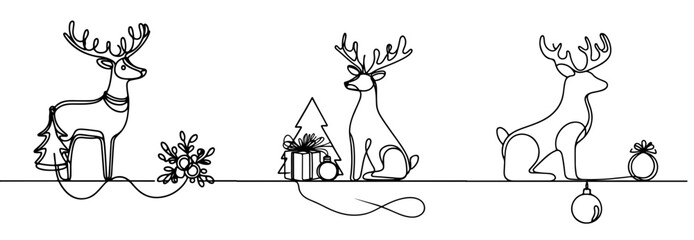 Set of decorative reindeer with Christmas ornaments single line illustration in black minimalist style