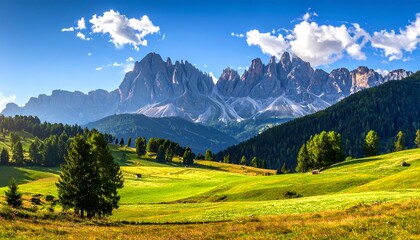 A vast, grassy valley unfolds before majestic, snow-capped mountains under a brilliant, summer sky.