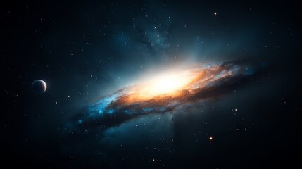 Fototapeta premium Galaxy with a bright yellow star in the center. The galaxy is filled with stars and planets