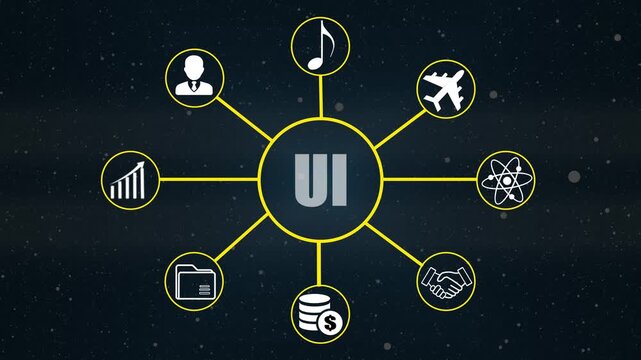 Futuristic ui data format concept with glowing blue interface elements, showcasing user, target, growth, speaker, settings, and idea icons on a Business digital background.