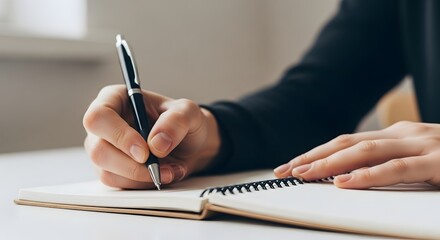 A close-up of hands taking notes with a pen in a notebook