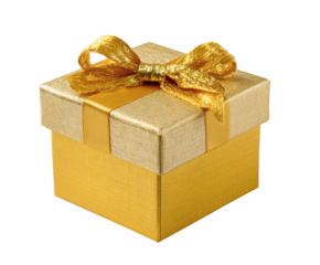 Golden gift box with a decorative bow on a black background.