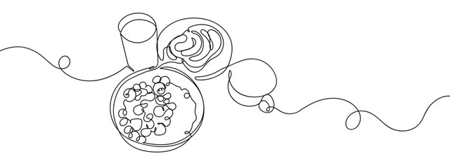 Continuous line of set of breakfast food, cereal, toast. Hand drawn vector doodle art line. Editable stroke. © Proongnee