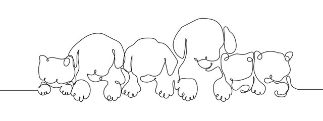 Continuous line of a group of cute dogs and cats. Hand drawn vector doodle art line. Editable stroke.