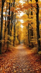 Fototapeta premium Serene and Vivid Forest Path Scene with Autumnal Foliage Landscape