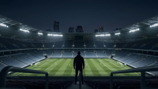 Solitary Person Overlooking Empty Football Stadium at Night