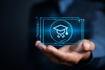 Digital Learning: Hand holding an educational icon representing online courses, skills development, and future career advancements.