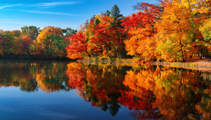 Fototapeta premium Vibrant Autumn Foliage Reflecting In The Calm Waters Of A Serene Lake Creating A Picturesque Scene