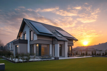 Obraz premium Modern home with solar panels gleaming in the sunset. Environmentally friendly energy for a sustainable future.