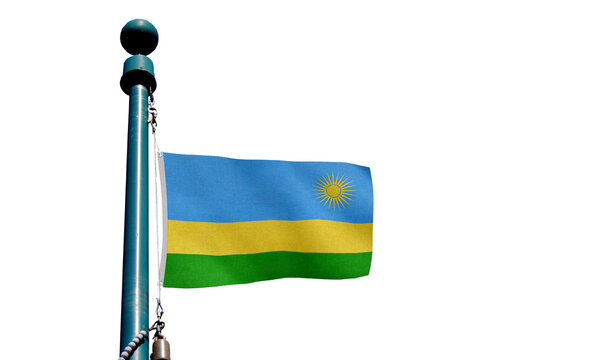 Large Rwanda flag banner draped on a building, used for national celebrations or official events.