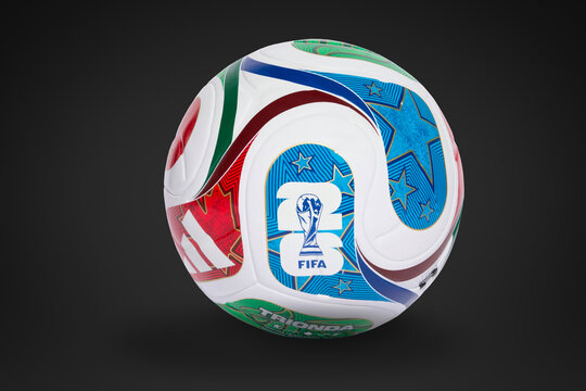 Calgary, Alberta, Canada. Oct 2, 2025. A detailed studio shot of a white, blue, red, and green FIFA World Cup Trionda soccer ball.