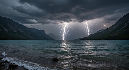 Dramatic lightning strikes over serene lake between mountain ranges at dusk
