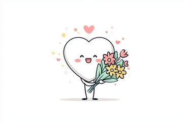 Cute white heart cartoon holding bouquet of colorful flowers