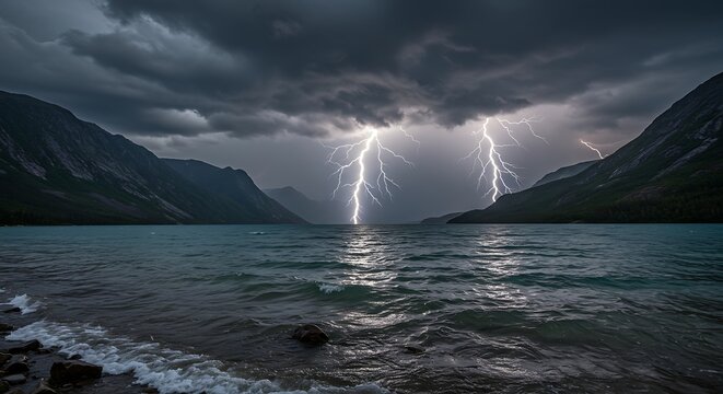 Dramatic lightning strikes over serene lake between mountain ranges at dusk - Powered by Adobe