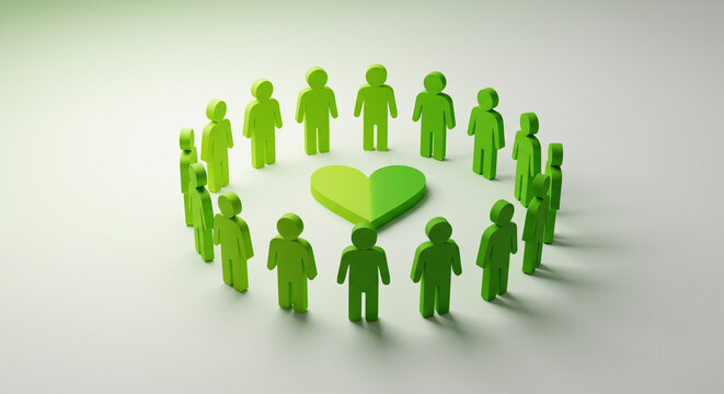 Dynamic green figures unite in a powerful circle around a vibrant heart, symbolizing strong community, passionate teamwork, and shared core values for a modern world.