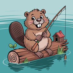 A friendly beaver with a big smile is fishing on a log in calm water, showcasing a relaxing, playful outdoor scene with nature and wildlife elements. © Emily