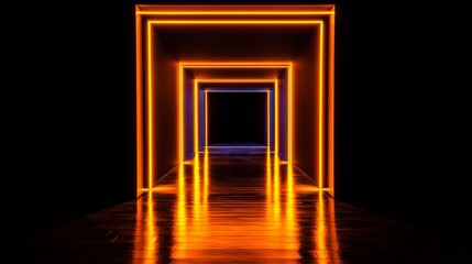 Long, narrow hallway with bright orange lights illuminating the floor. The hallway is dark, and the lights create a warm, inviting atmosphere