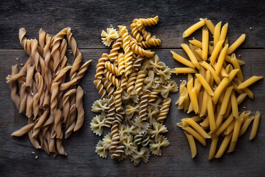 Assortment of uncooked pasta on a rustic wooden surface, showcasing various shapes and textures of Italian cuisine staples.