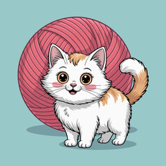 This image features a playful white kitten with orange spots standing next to a large pink yarn ball, capturing the joy and curiosity of a young cat in a whimsical setting.