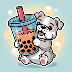 An adorable puppy joyfully holding a cup of boba tea, showcasing a fun and trendy beverage that appeals to young audiences and highlights joyful moments.