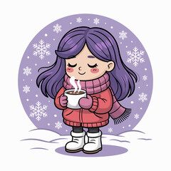 A girl with purple hair in a warm scarf and pink coat is happily enjoying a steaming cup of hot chocolate, surrounded by falling snowflakes in a winter wonderland setting.
