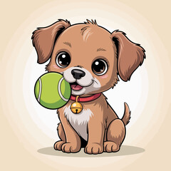 This charming illustration features an adorable brown puppy sitting with a green tennis ball in its mouth, capturing the essence of playfulness and joy in animals.