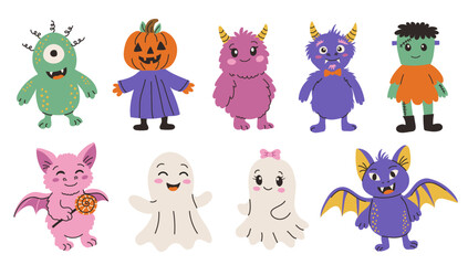 Halloween funny characters in retro style. Vector set of cute monsters and ghosts