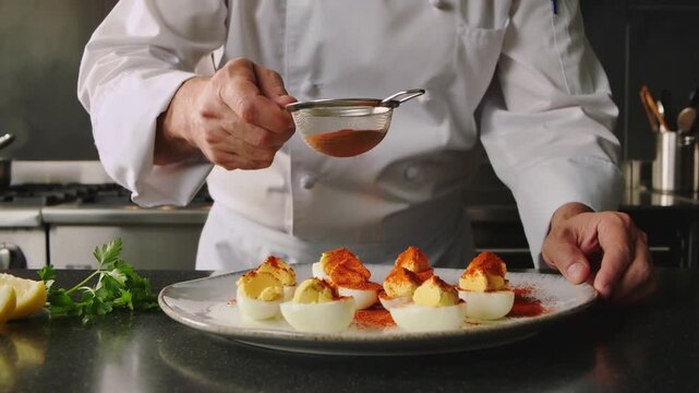Chef garnishing deviled eggs with paprika