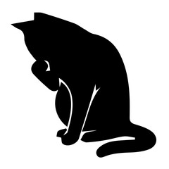 Black and White Cat Silhouette Looking Back and Licking Paw