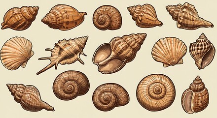 Collection of various seashells in artistic illustration style