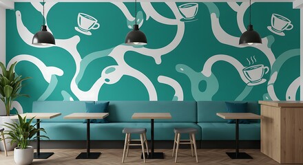 Modern cafe interior design with tables seating and abstract wall art