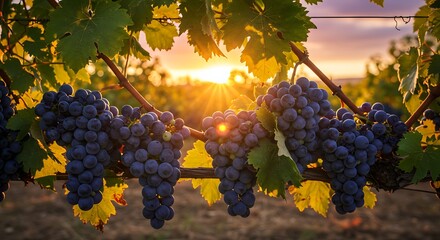 Grape vines with ripe fruit at sunset in vineyard landscape