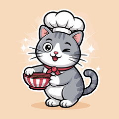 This adorable gray chef cat winks while holding a bowl of chocolate mixture, showcasing a whimsical take on cooking and creativity in the kitchen environment.