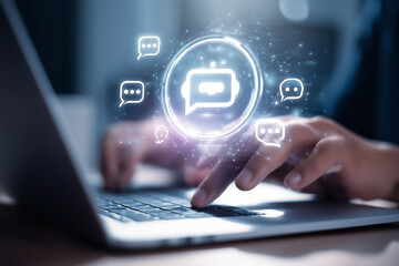 Person using laptop for communication with icons representing conversation and artificial intelligence to create an engaging customer experience.