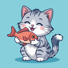 A cute and whimsical illustration of a happy cat holding a fish, radiating joy and playfulness, highlighting the fun bond between pets and their favorite toys or snacks.