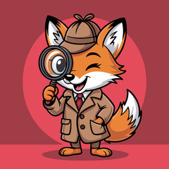 Obraz premium A clever fox dressed as a detective, complete with a magnifying glass, stands ready to solve mysteries against a red background, embodying wit and playful curiosity.