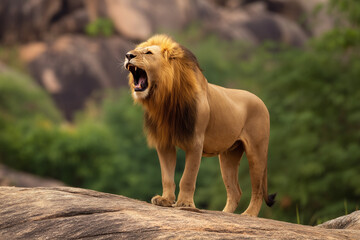 Obraz premium Majestic male lion roars powerfully while standing on a rocky outcrop, exhibiting its strength and commanding presence.