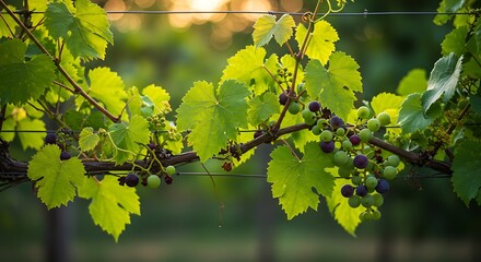 Grapevine branch with green leaves and growing grapes in the sunlight
