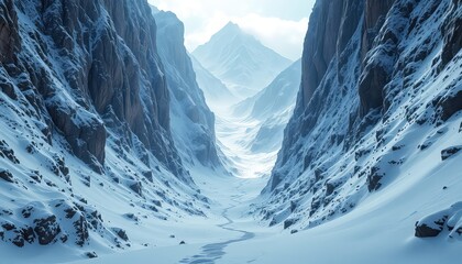 Snow Covered Mountain Gorge with Light Stream, a Winter Landscape with a Small Frozen Stream